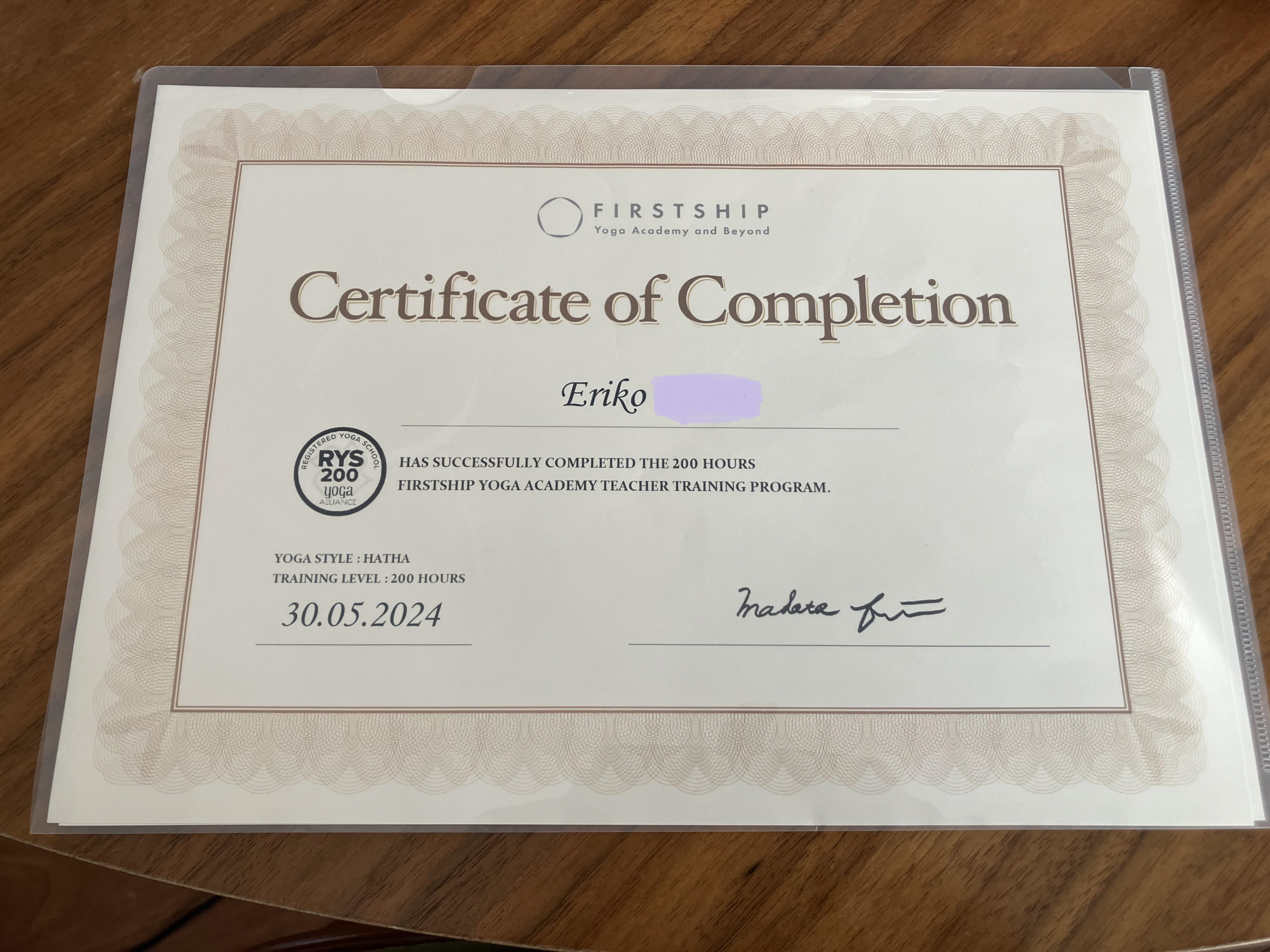 eriharuさま　RYS200修了証