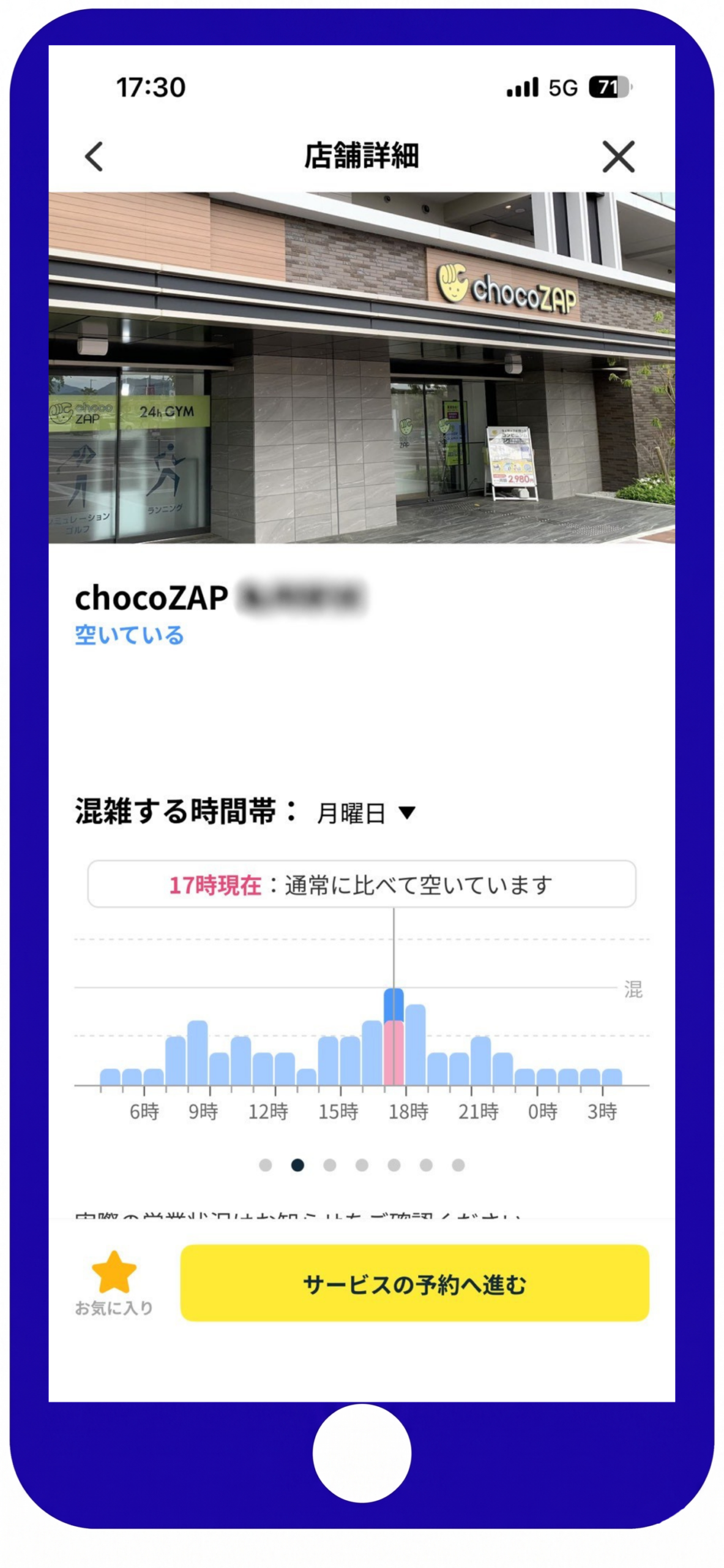 Store detail screen for chocoZAP: exterior shop photo with crowd/occupancy graph and a yellow action button below