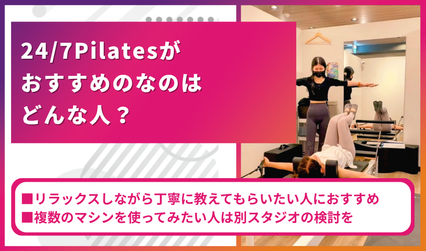 ピンクのグラデーションバナーに『24/7 Pilatesがおすすめの人はどんな人?』と見出しがあり、スタジオでインストラクターが腕を広げ、マットで運動している人の写真。広報用の広告風の構図。
